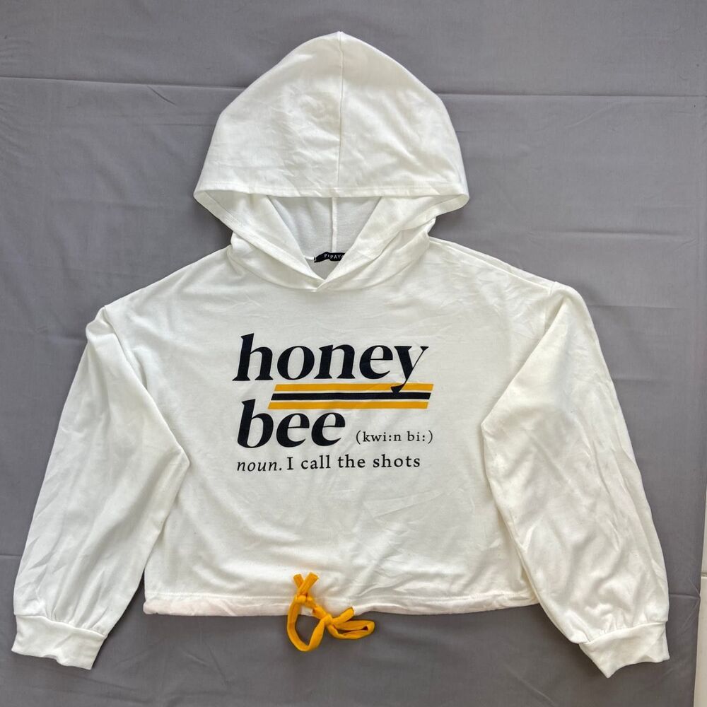 Papaya L White Honey Bee Hoodie Cropped Drawstring Long Sleeve Sweatshirt Hem